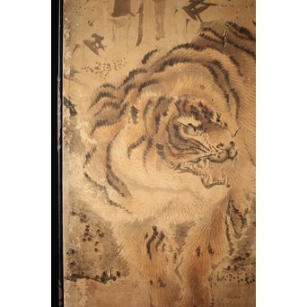 白井華陽 虎の図 六曲一双紙本水墨屏風　Z243 