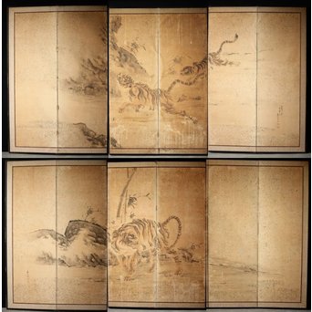 白井華陽 虎の図 六曲一双紙本水墨屏風　Z243