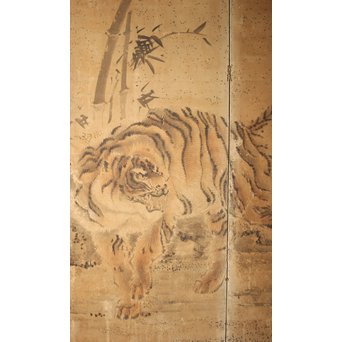 白井華陽 虎の図 六曲一双紙本水墨屏風　Z243 