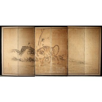 白井華陽 虎の図 六曲一双紙本水墨屏風　Z243 