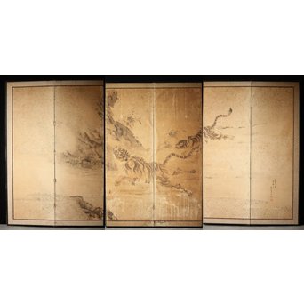 白井華陽 虎の図 六曲一双紙本水墨屏風　Z243 