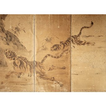 白井華陽 虎の図 六曲一双紙本水墨屏風　Z243 