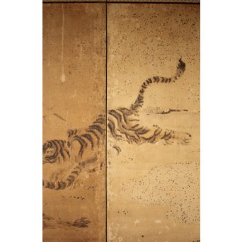 白井華陽 虎の図 六曲一双紙本水墨屏風　Z243 