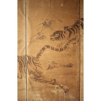 白井華陽 虎の図 六曲一双紙本水墨屏風　Z243 