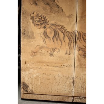 白井華陽 虎の図 六曲一双紙本水墨屏風　Z243 