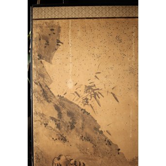 白井華陽 虎の図 六曲一双紙本水墨屏風　Z243 