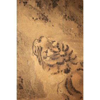 白井華陽 虎の図 六曲一双紙本水墨屏風　Z243 