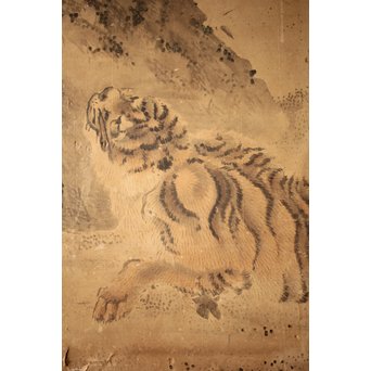 白井華陽 虎の図 六曲一双紙本水墨屏風　Z243 