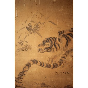 白井華陽 虎の図 六曲一双紙本水墨屏風　Z243 