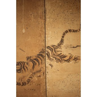 白井華陽 虎の図 六曲一双紙本水墨屏風　Z243 