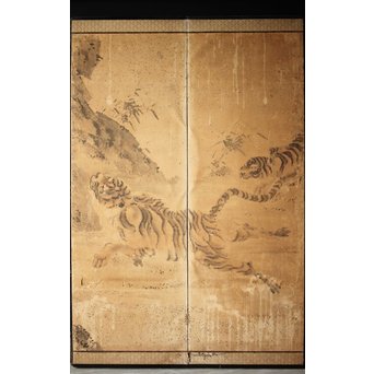 白井華陽 虎の図 六曲一双紙本水墨屏風　Z243 
