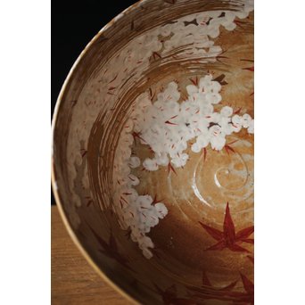 北大路魯山人写 雲錦手 桜 紅葉 菓子鉢 鑓水焼　P220 