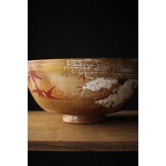 北大路魯山人写 雲錦手 桜 紅葉 菓子鉢 鑓水焼　P220 