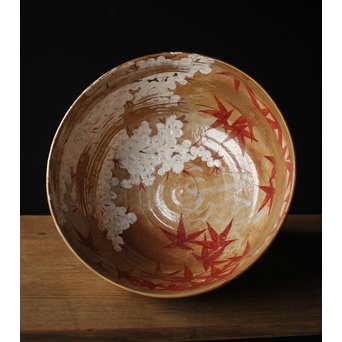 北大路魯山人写 雲錦手 桜 紅葉 菓子鉢 鑓水焼　P220 