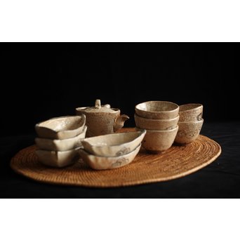 加藤麦岱 絵志野茶器セット　P225 