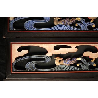 寺院彩色木彫欄間 鴛鴦 3枚1組　R0085Y 