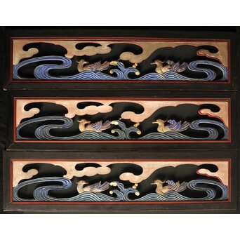 寺院彩色木彫欄間 鴛鴦 3枚1組　R0085Y