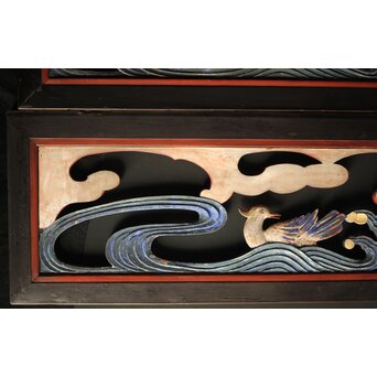 寺院彩色木彫欄間 鴛鴦 3枚1組　R0085Y 