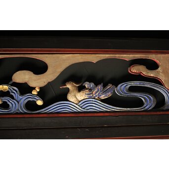 寺院彩色木彫欄間 鴛鴦 3枚1組　R0085Y 