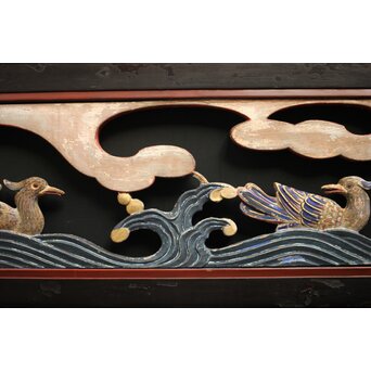 寺院彩色木彫欄間 鴛鴦 3枚1組　R0085Y 