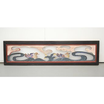 寺院彩色木彫欄間 鴛鴦 3枚1組　R0085Y 