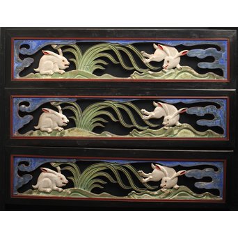 寺院彩色木彫欄間 兎 3枚1組　R0086