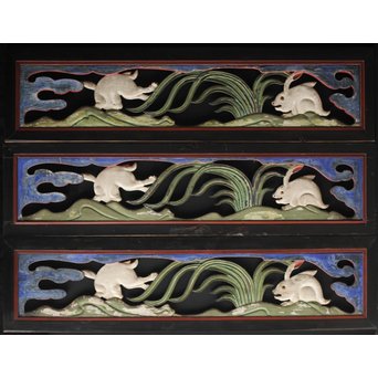 寺院彩色木彫欄間 兎 3枚1組　R0086 