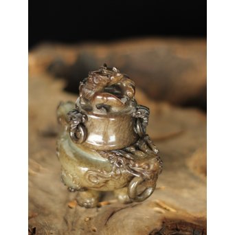 玉彫 獅子 蓋物香炉　U242 