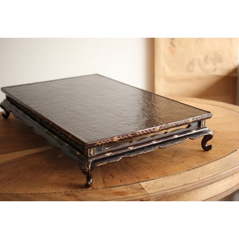 唐物 黒漆螺鈿象嵌 平卓 青貝花台　Q268 