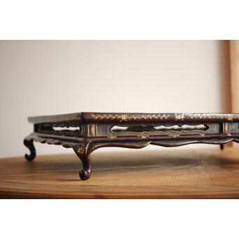 唐物 黒漆螺鈿象嵌 平卓 青貝花台　Q268 