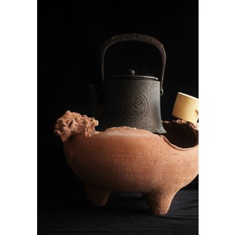 放下庵特山製 獅子耳土器破/やつれ風炉 涼炉 瓶掛　P231