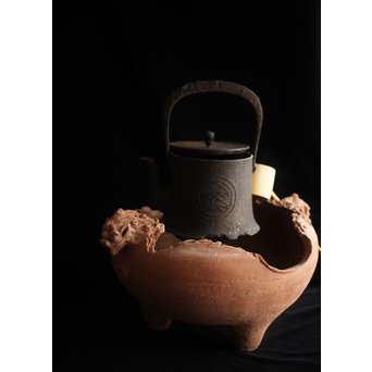 放下庵特山製 獅子耳土器破/やつれ風炉 涼炉 瓶掛　P231 
