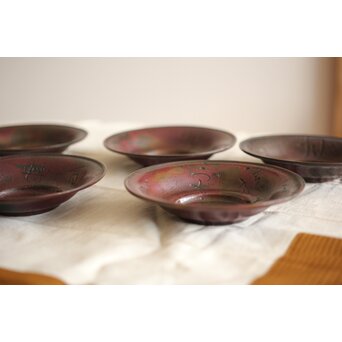 佐渡銅器 精斎作 斑柴銅良寛詩紋茶托5客　M257 