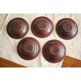 佐渡銅器 精斎作 斑柴銅良寛詩紋茶托5客　M257 