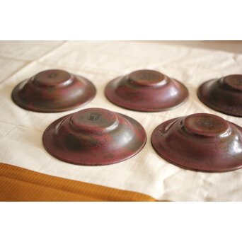 佐渡銅器 精斎作 斑柴銅良寛詩紋茶托5客　M257 