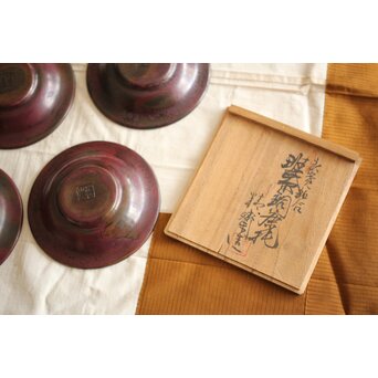 佐渡銅器 精斎作 斑柴銅良寛詩紋茶托5客　M257 