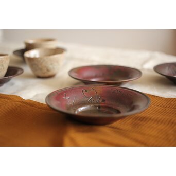 佐渡銅器 精斎作 斑柴銅良寛詩紋茶托5客　M257 