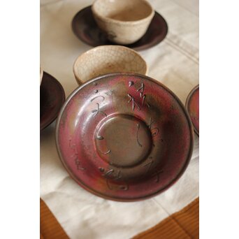 佐渡銅器 精斎作 斑柴銅良寛詩紋茶托5客　M257 