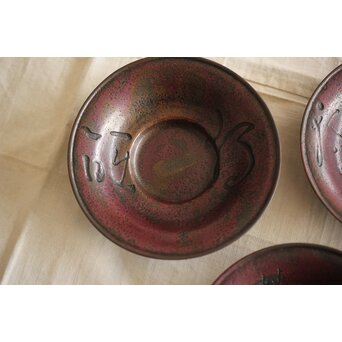 佐渡銅器 精斎作 斑柴銅良寛詩紋茶托5客　M257 