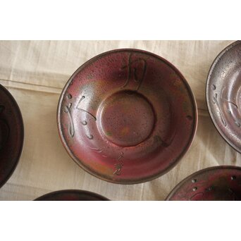 佐渡銅器 精斎作 斑柴銅良寛詩紋茶托5客　M257 