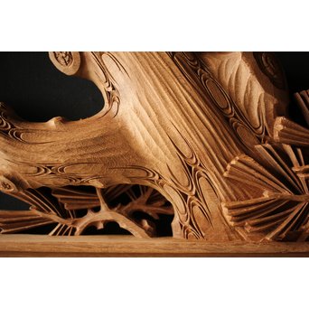 深彫井波彫刻 木彫欄間 松鶴鷹 2枚1組　R0097Y 