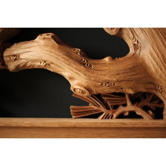 深彫井波彫刻 木彫欄間 松鶴鷹 2枚1組　R0097Y 