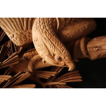 深彫井波彫刻 木彫欄間 松鶴鷹 2枚1組　R0097Y 