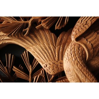 深彫井波彫刻 木彫欄間 松鶴鷹 2枚1組　R0097Y 