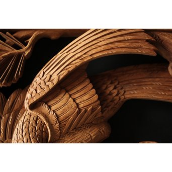 深彫井波彫刻 木彫欄間 松鶴鷹 2枚1組　R0097Y 