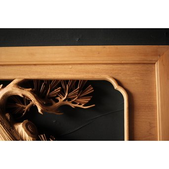 深彫井波彫刻 木彫欄間 松鶴鷹 2枚1組　R0097Y 