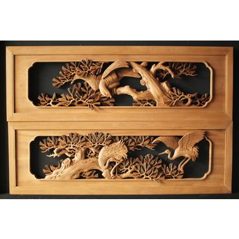 深彫井波彫刻 木彫欄間 松鶴鷹 2枚1組　R0097Y