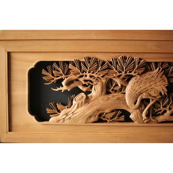 深彫井波彫刻 木彫欄間 松鶴鷹 2枚1組　R0097Y 