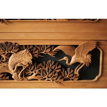 深彫井波彫刻 木彫欄間 松鶴鷹 2枚1組　R0097Y 