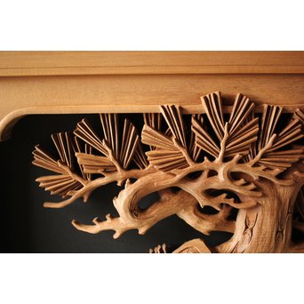 深彫井波彫刻 木彫欄間 松鶴鷹 2枚1組　R0097Y 